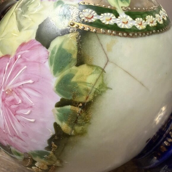 Nippon Pitcher Vase, Cobalt Blue, White, Rose Design, Gold Gilt and Beading - Picture 5 of 5